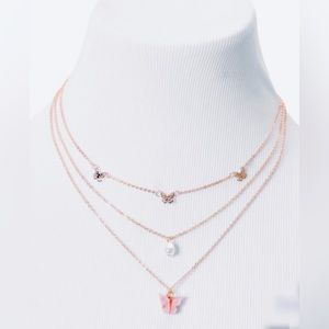 Layered Necklace Set gold tone butterfly pearl